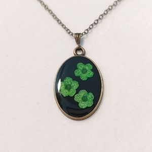 Necklace Bronze Black Resin w/ Green Flowers